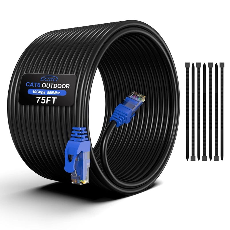 ecjtu كابل إيثرنت خارجي Cat6 بطول 75 قدم، ثقيل الوزن للدفن المباشر، تحت الأرض، 24AWG CCA، كابل توصيل، POE، UTP، مقاوم للماء، مقاوم للأشعة فوق البنفسجية، شبكة، إنترنت، LAN، كابل Cat 6 بطول 75 قدم مع 25 رباط كابل - Image 1